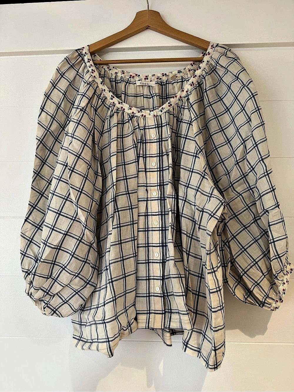 DOEN Theo Top Plaid Blouse in Cream & Blue XXL